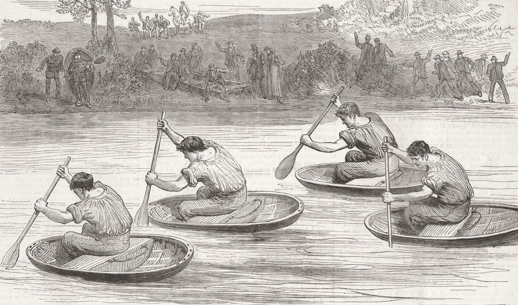 SHROPS. Coracle-race, Severn, Ironbridge  1880 old antique print picture